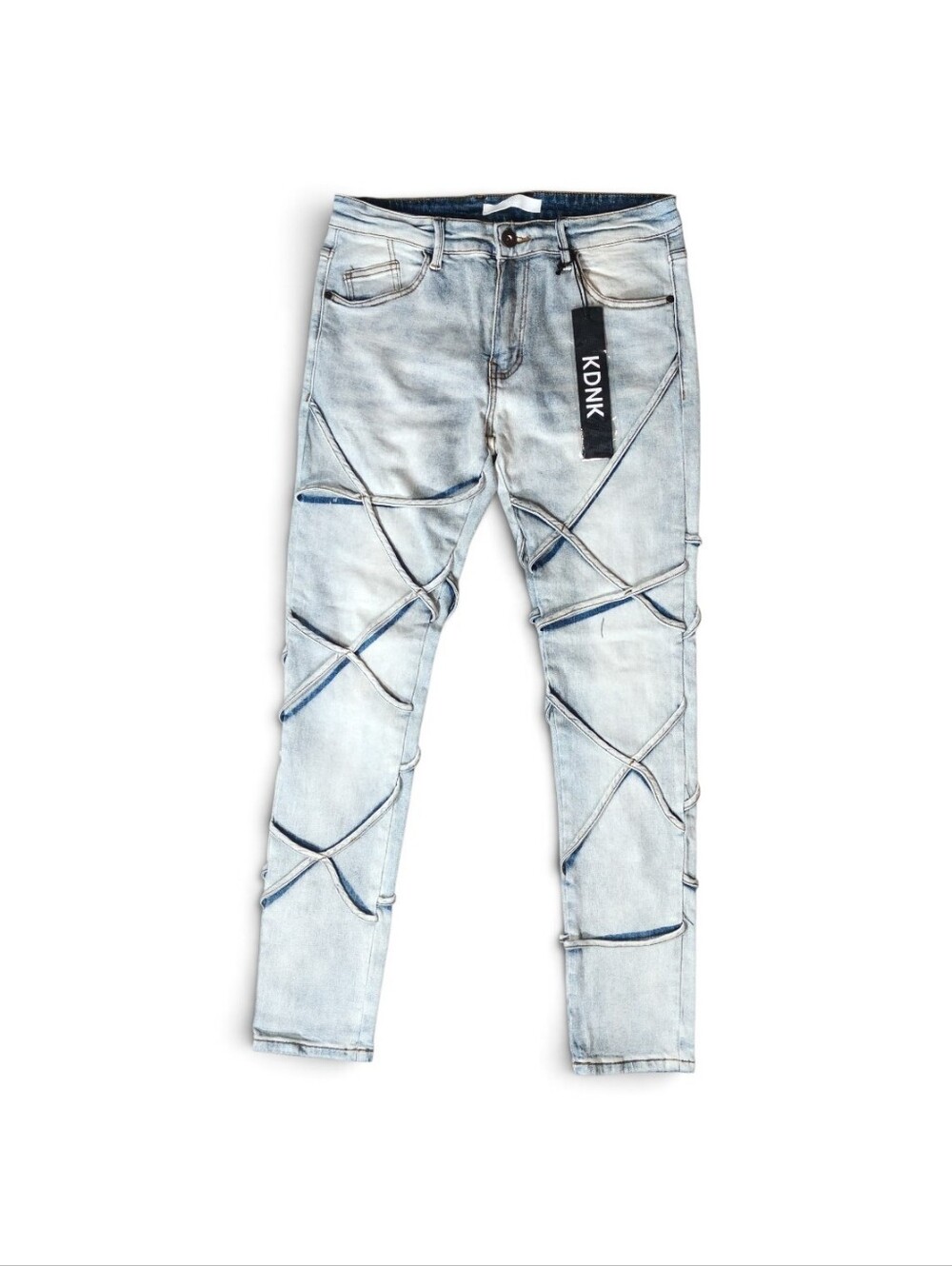KDNK Light Blue Skinny Jeans with Cross-Stitch Paneling